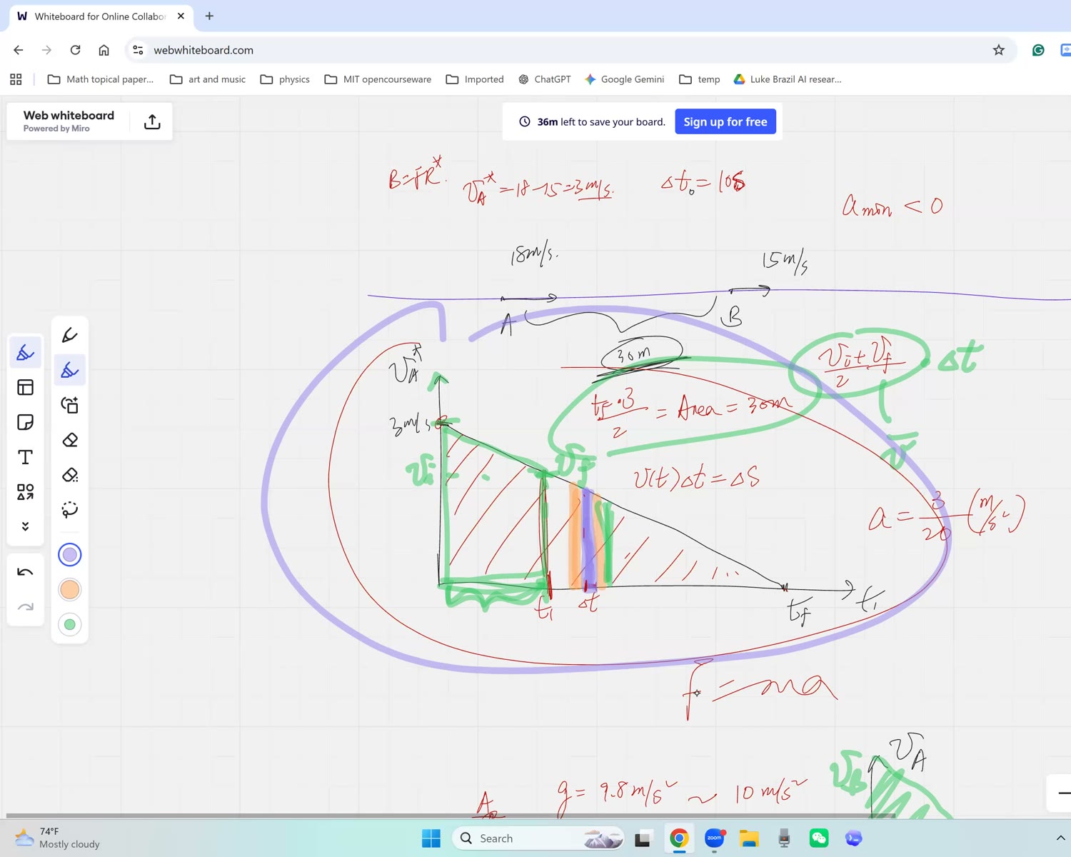 Velocity-time graph with shaded area equal to distance
